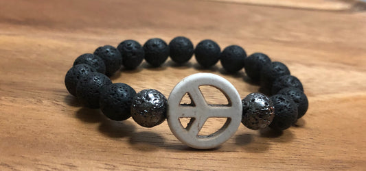 Natural Lava Rock+Peace Sign Accented Bead Beaded Stretch Bracelet "Ease Rocks Collection"