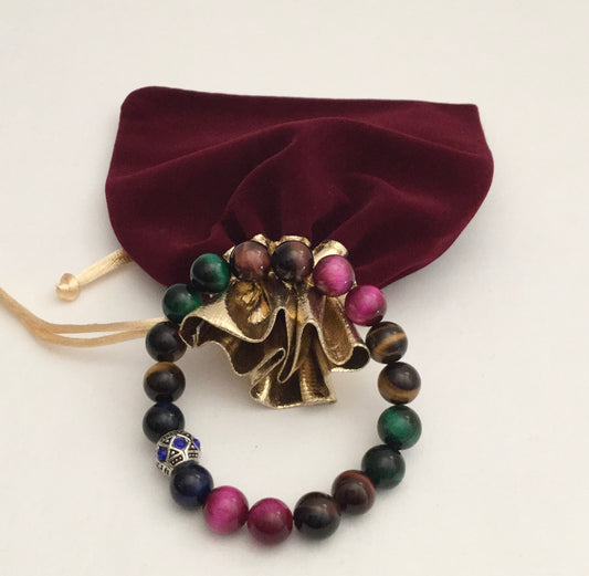 Ease Rocks Tiger's Eye Multi-Colored Stretch Bracelet + European Rhinestone Metal Bead