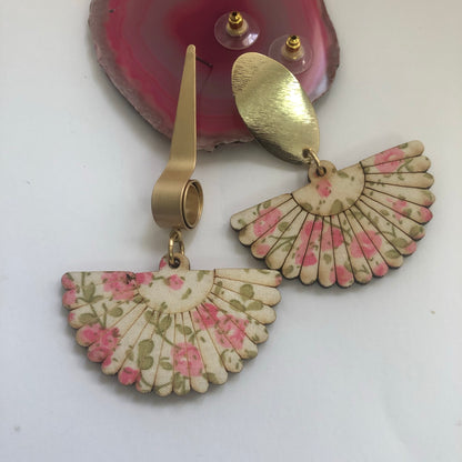 Mis-Matched Wooden Floral Fabric Fan Earrings bracelet “ Ease Bijou Collection”