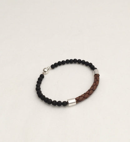 Sleek Braided leather And Lava Natural Stone Memory Wire With Magnetic Clasp "Ease Rocks Collection"
