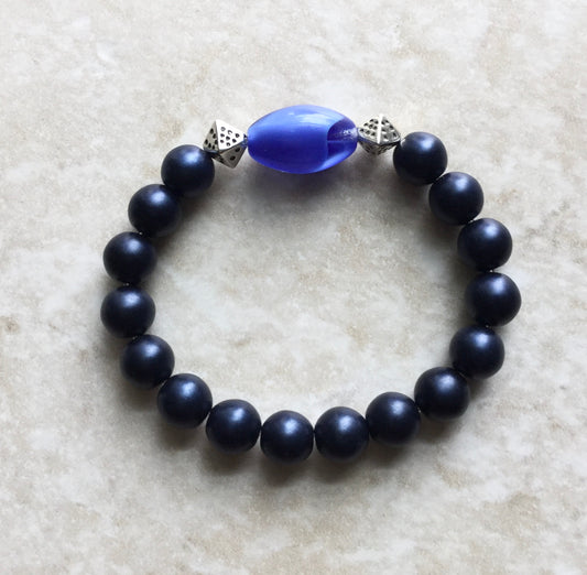 One of a kind Dark Satin Blue Stretch Beaded Bracelet with Vibrant Transparent Blue Focus Glass Bead "Ease Rocks Collection"