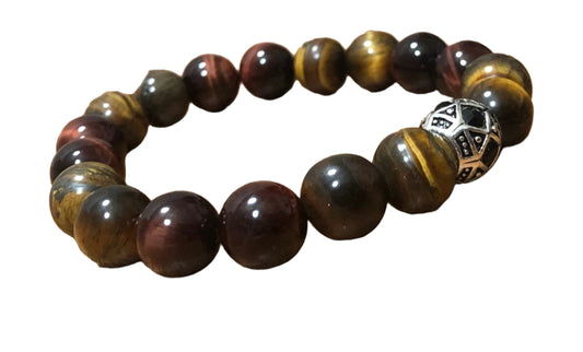 Tiger’s Eye Red & Brown Natural Stones Stretch Bracelet+European Rhinestones Metal Bead "Ease Rocks Collection"