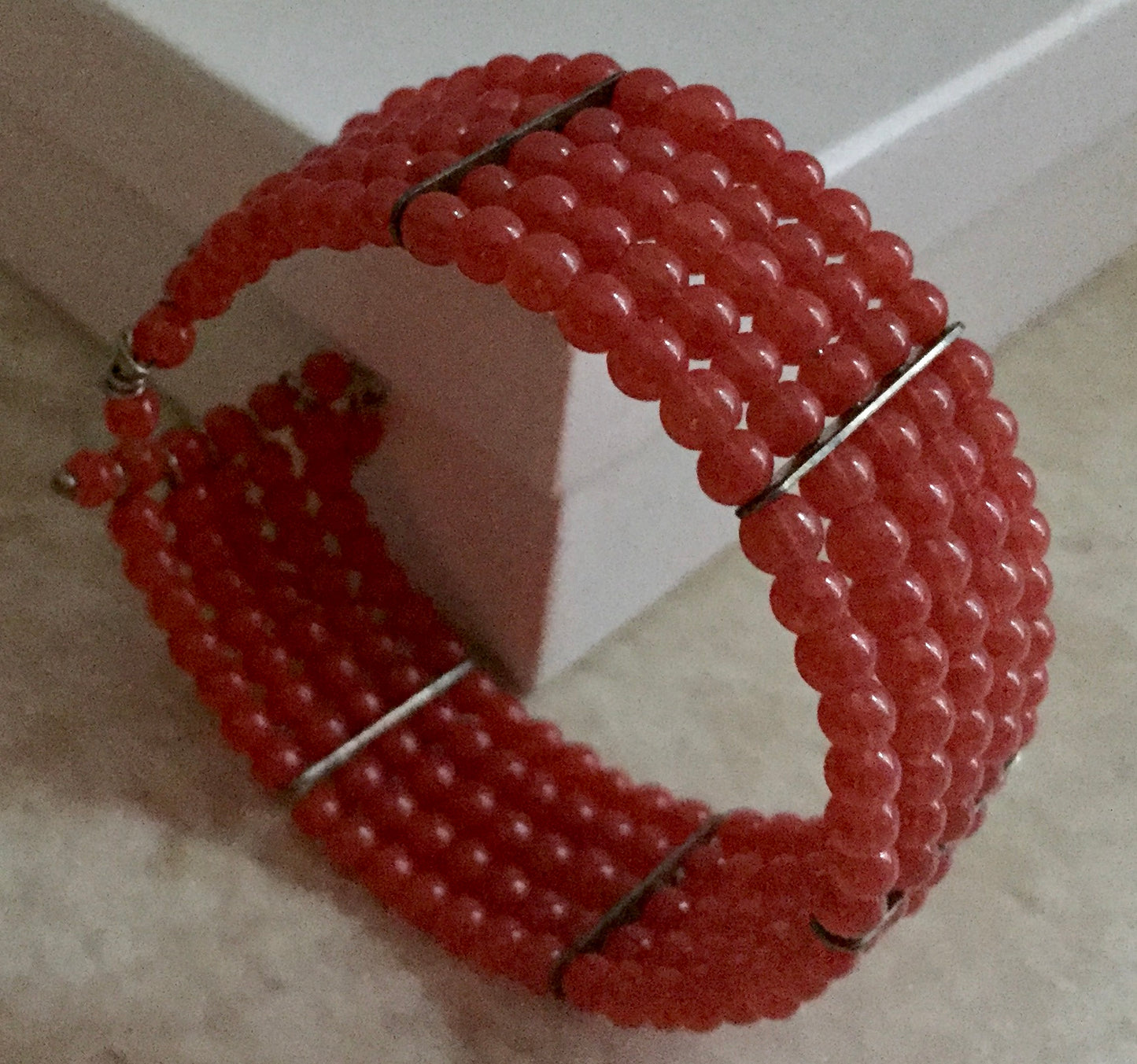 Five Strand Beaded Cuff Bracelet Made With Red Glass Beads “Ease Bijou Collection”