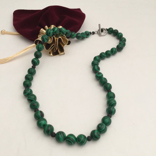 Malachite+Natural Lava  Beaded Necklace with Stainless Steel Toggle Clasp "Ease Rocks Collection"