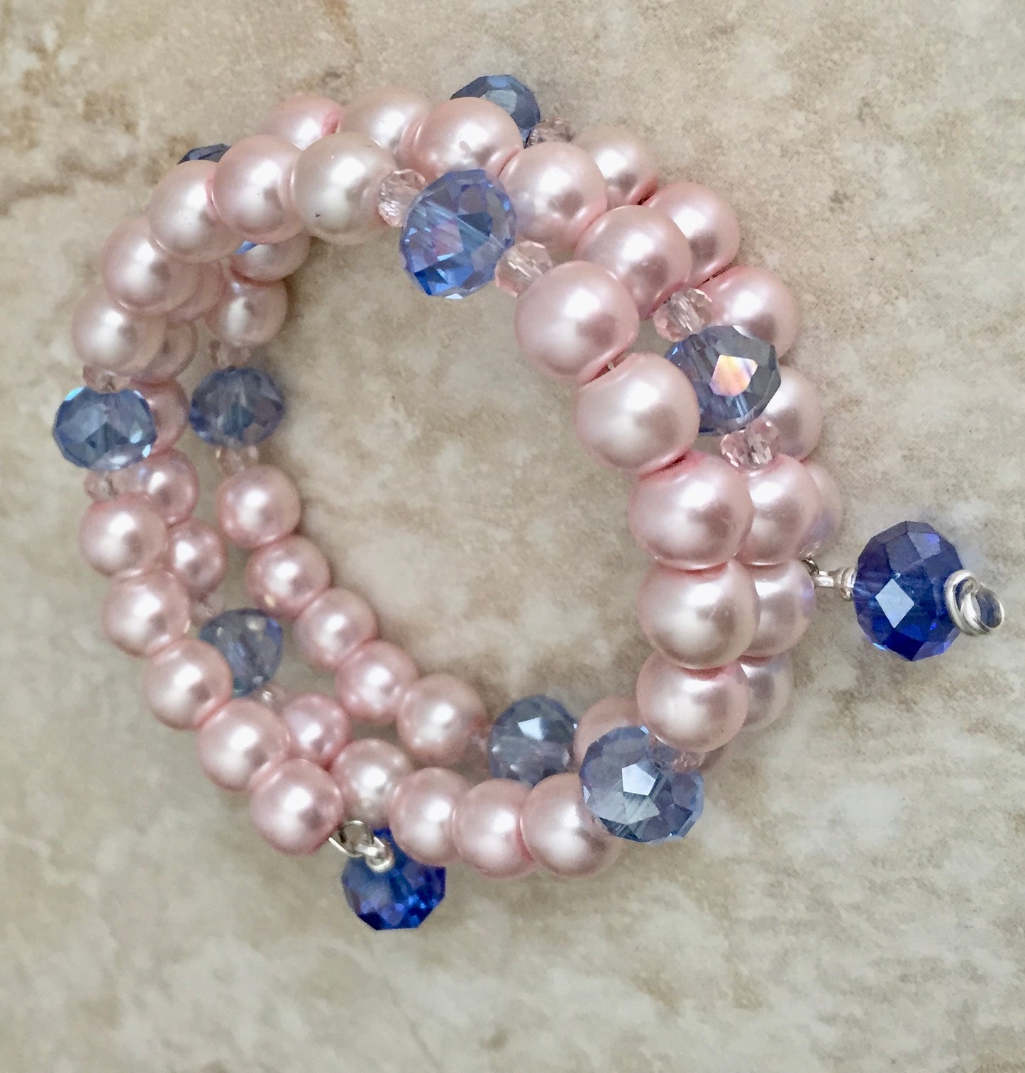 Pretty And Affordable No Clasp  Pink And Blue Wrap Bracelet With Glass Pearls and Crystals bracelet Ease Bijou Collection”