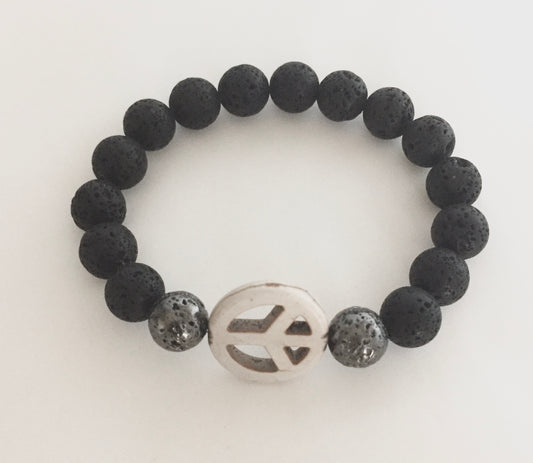 Natural Lava Rock+Peace Sign Accented Bead Beaded Stretch Bracelet "Ease Rocks Collection"
