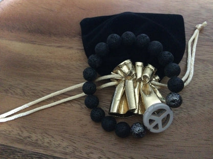 Natural Lava Rock+Peace Sign Accented Bead Beaded Stretch Bracelet "Ease Rocks Collection"